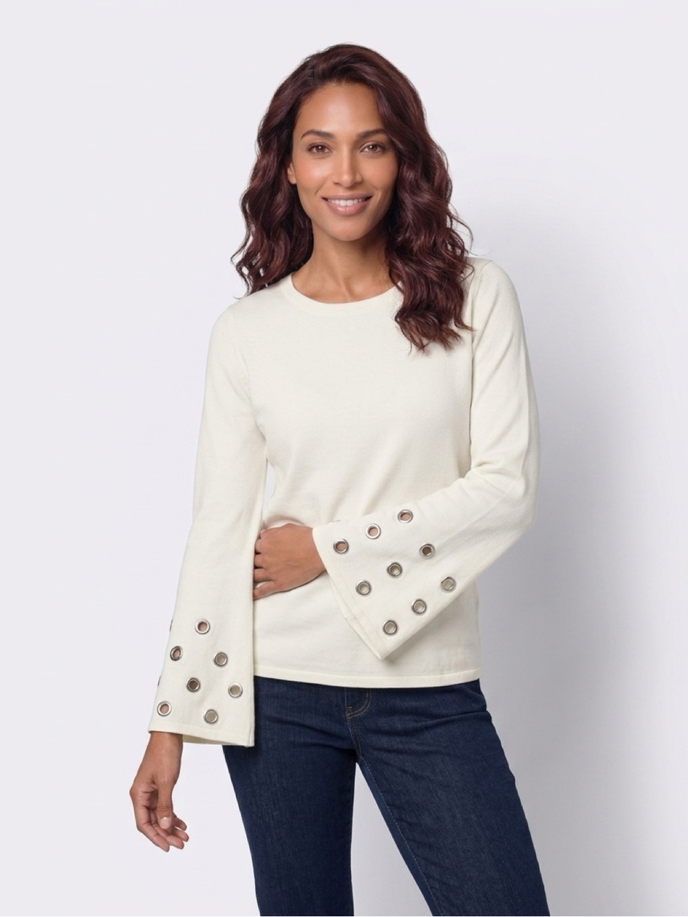 Carmen Marc Valvo White Long Sleeve Top with Silver Eyelet Trim